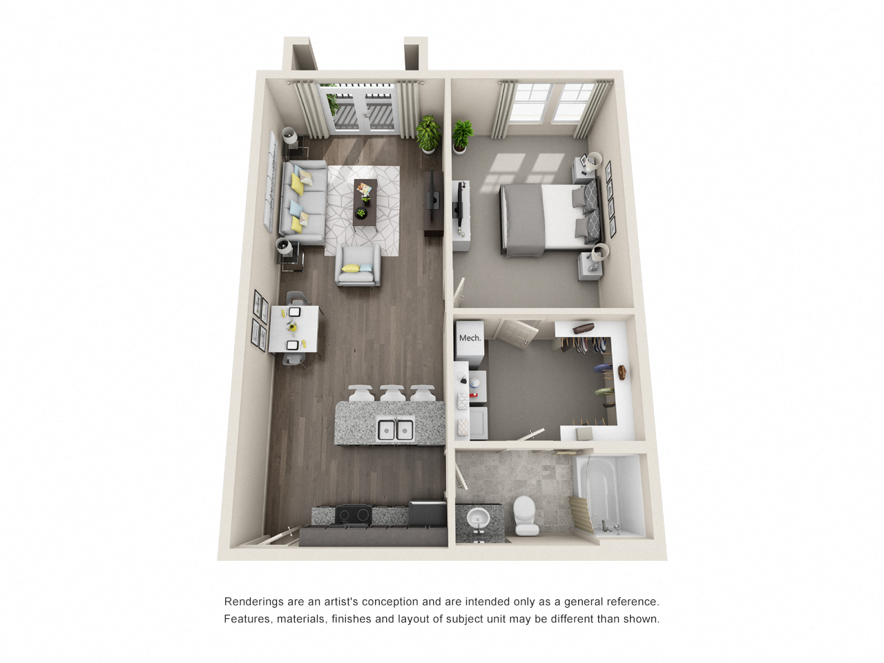 Floor plan for 1 bed, 1 bath, 801 sqft